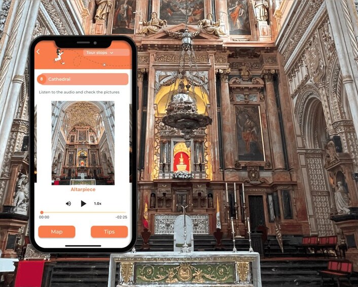 A smartphone displaying a cathedral tour with an altarpiece. 5