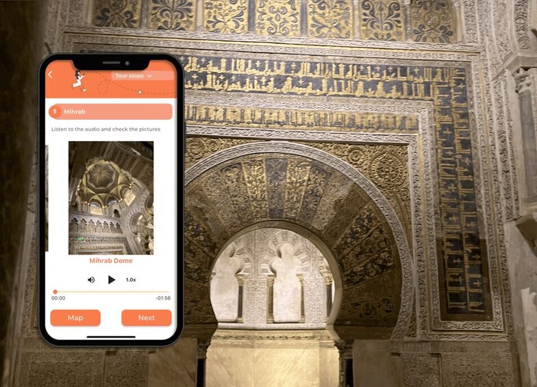 A smartphone displaying a tour guide app with a photo of the Mihrab Dome. 3