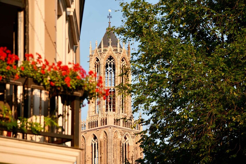A historic tower with intricate architecture, surrounded by lush greenery and vibrant red flowers. 2