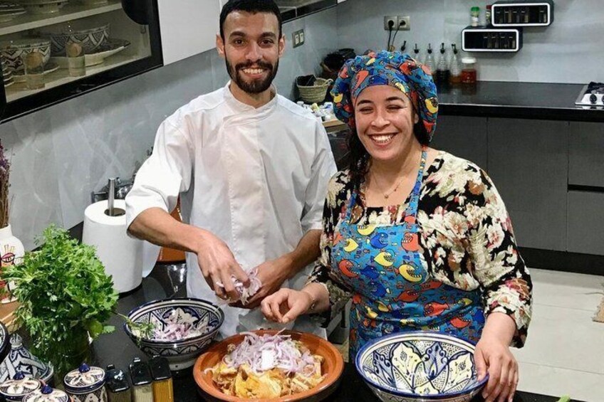 A person preparing food in a kitchen with various ingredients and utensils. 5