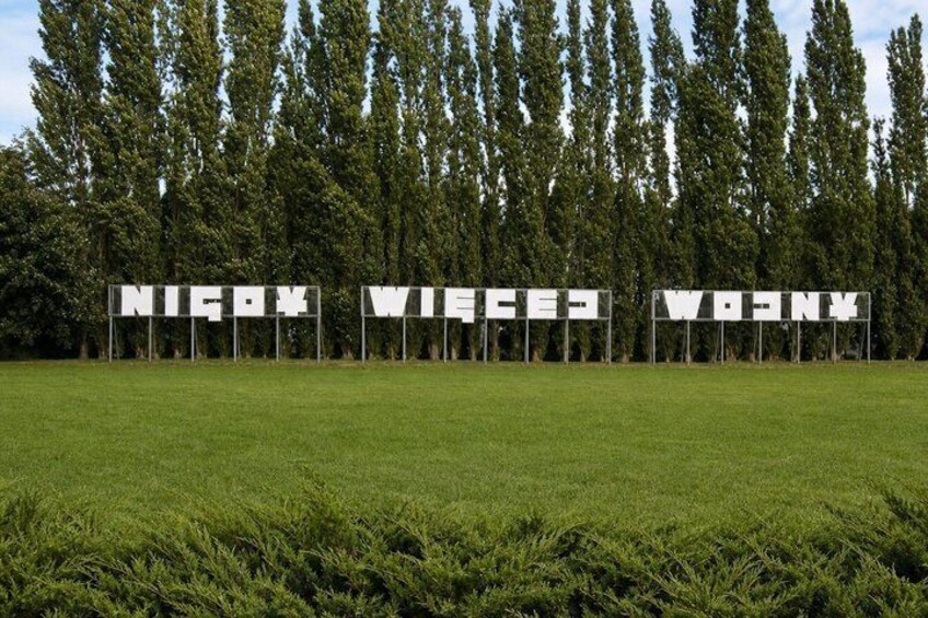 A grassy field with three white signboards spelling out 'NICE' in capital letters. 4