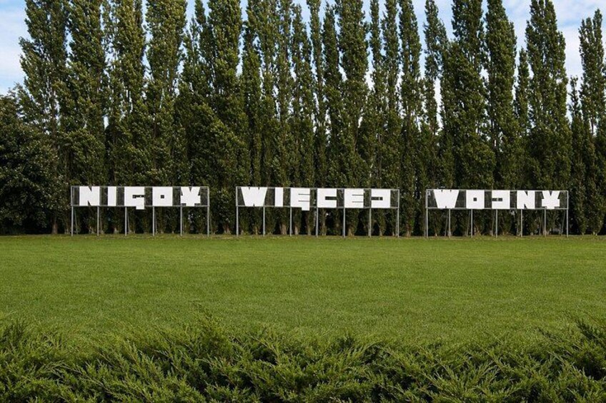 A grassy field with three white signboards spelling out 'NICE' in large letters. 4