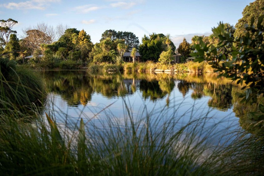 A calm lake surrounded by lush greenery and trees, with a small house in the background. 4