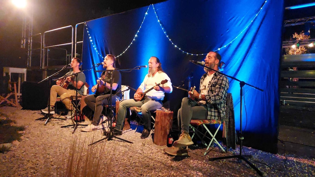 A group of musicians performing on an outdoor stage with a blue backdrop and string lights. 5