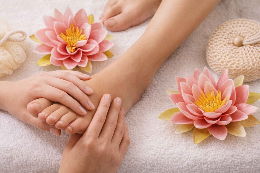 A foot massage with lotus flowers and a foot massager. 5