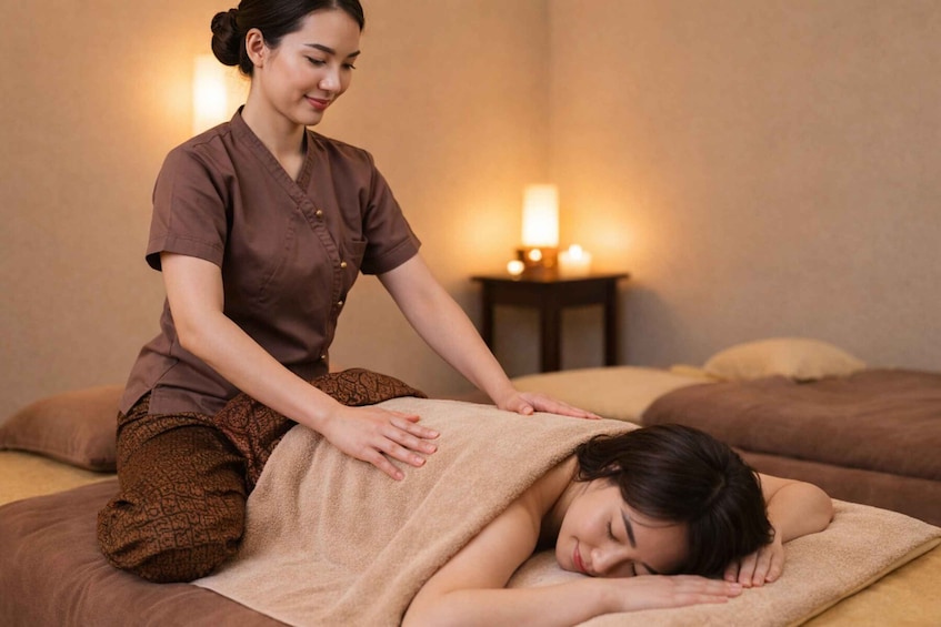 A person receiving a massage on a bed in a room with a lit lamp and a candle. 1