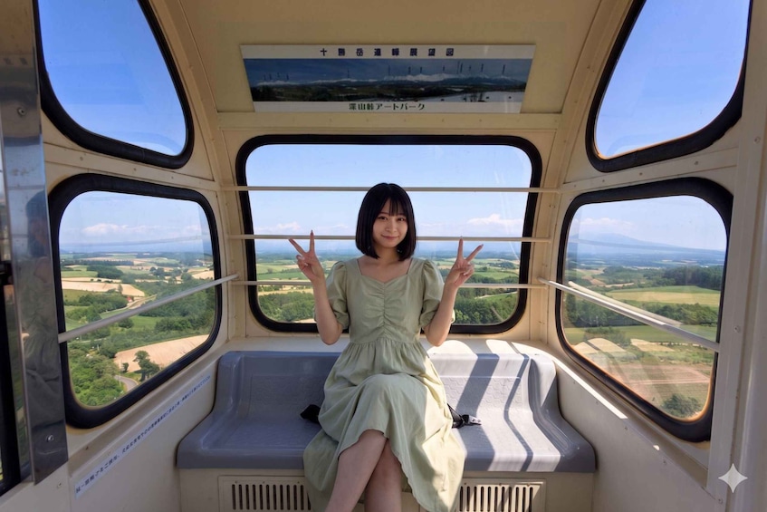 A person seated in a vehicle with large windows, looking out at a landscape with fields and distant hills. 1