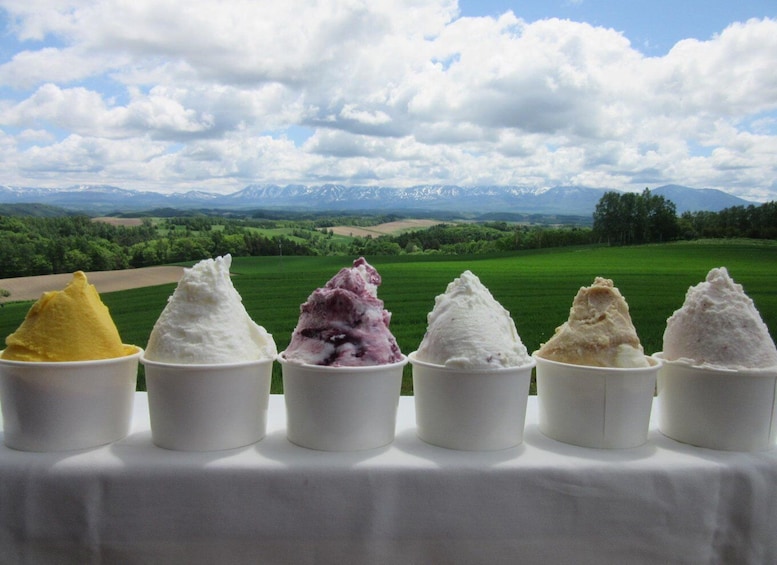 Six cups of ice cream in various colors with a mountainous landscape in the background. 5
