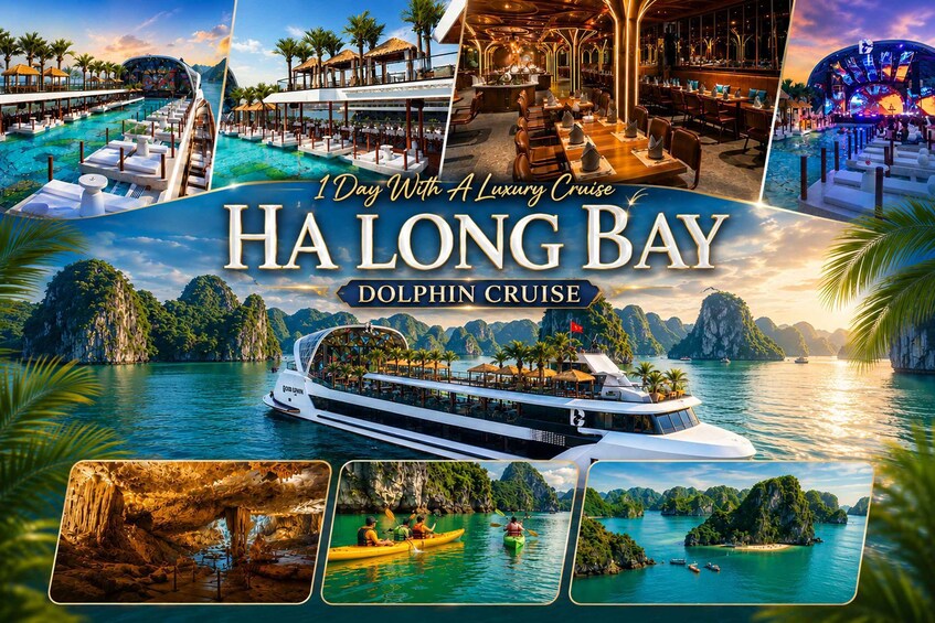 A luxury cruise ship with outdoor dining and a pool, surrounded by tropical scenery and islands. 1