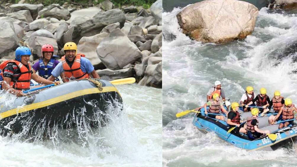 A group of people rafting down a river with rocks and rapids. 2