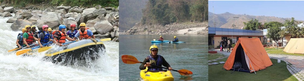 A group rafting, a calm river, and a campsite with tents. 3