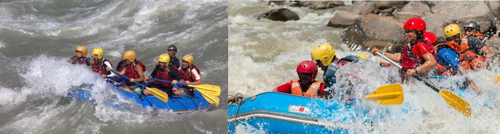 A group of people rafting on a river with rapids. 5