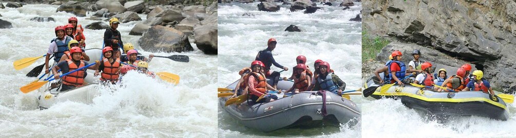 People in a white raft navigating a river with rapids. 2