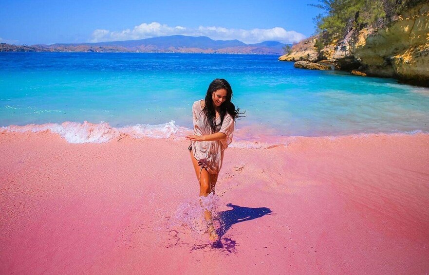A person standing on a pink sand beach with clear blue water and distant mountains. 1