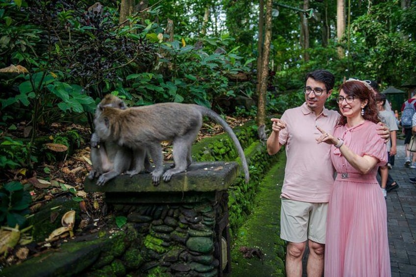 A couple standing next to a stone ledge with a monkey on it, surrounded by greenery. 2