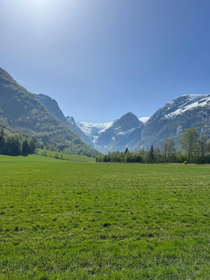 A green field with mountains in the background. 4