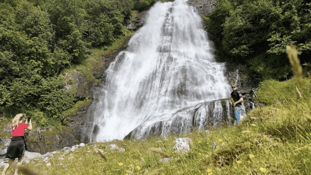 A waterfall surrounded by lush greenery. 1