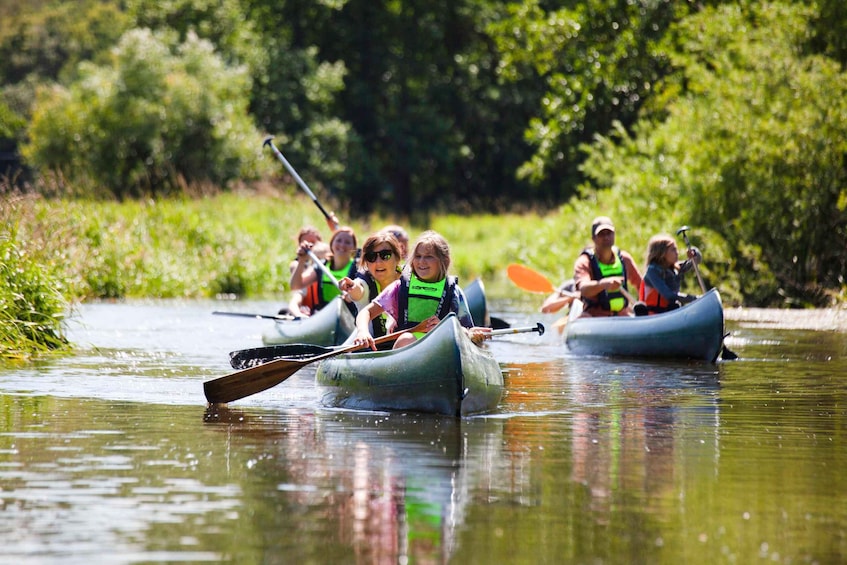 People in kayaks on a calm river surrounded by greenery. 1