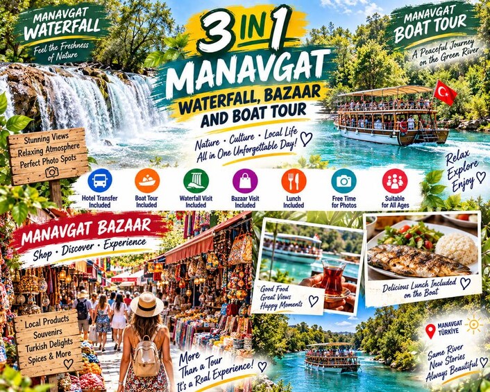 A travel package for Manavgat featuring a waterfall, bazaar, and boat tour. 1