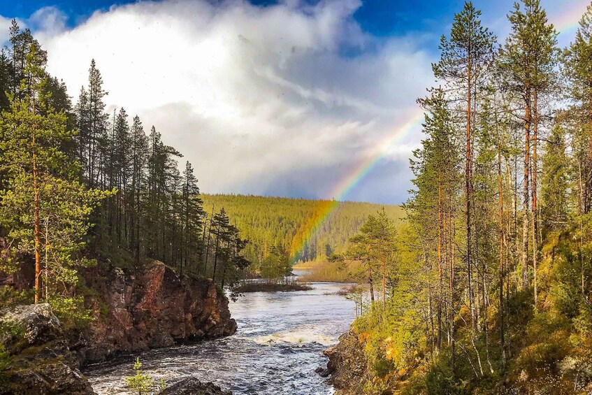 Joki virtaa metsän halki, ja taustalla näkyy sateenkaari. 1