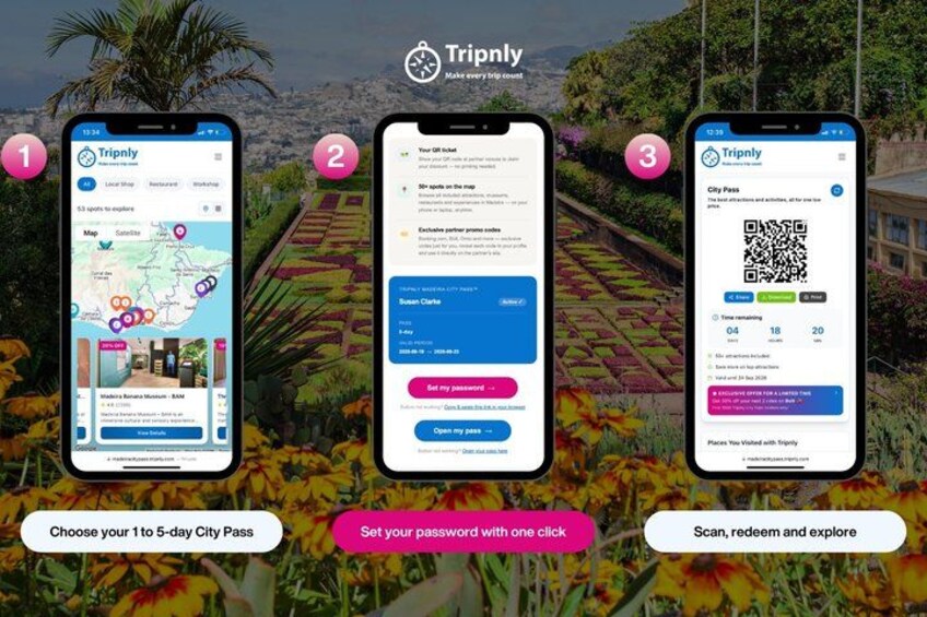 A mobile app interface for Triply with a map, login, and QR code features. 3