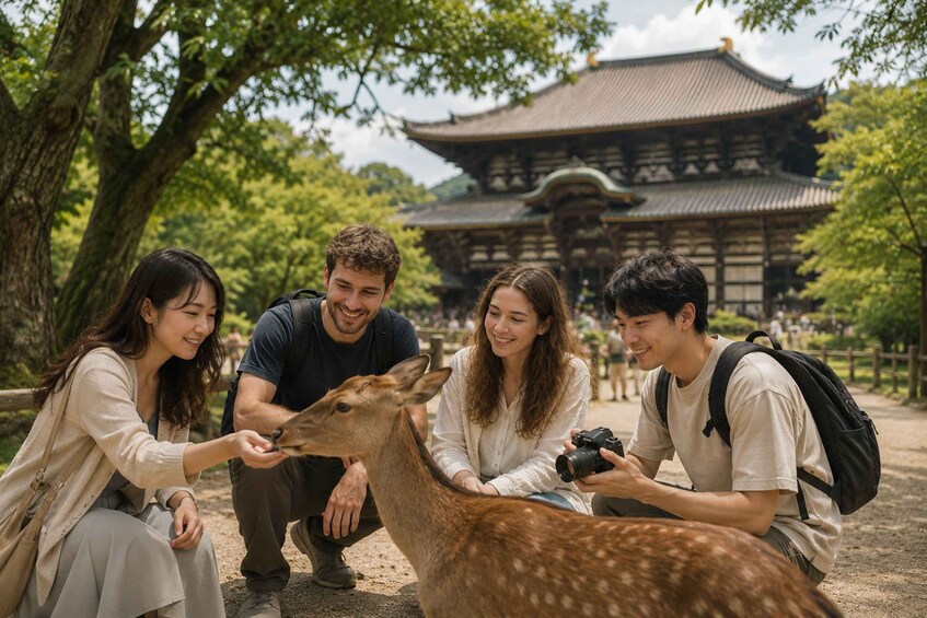 A group of people interacting with a deer in a park with traditional architecture in the background. 1