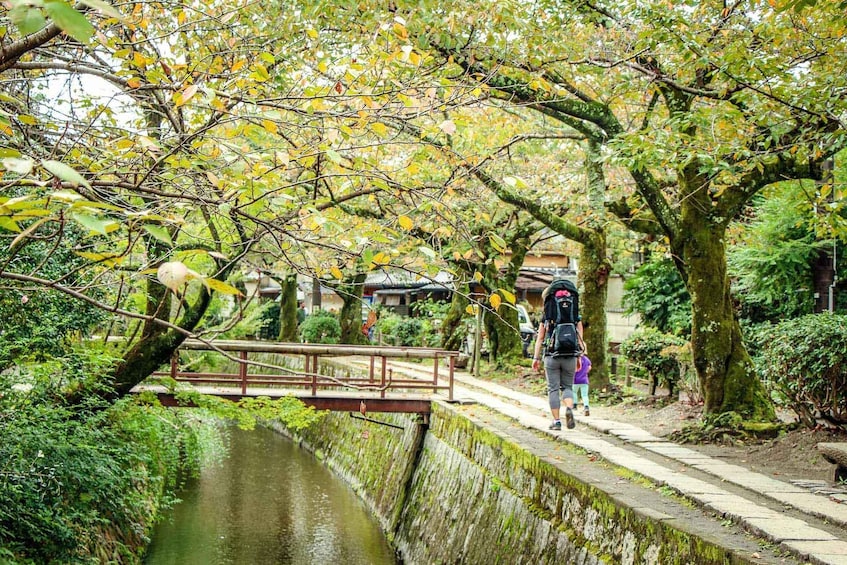 A pathway alongside a canal with trees and a bridge. 4