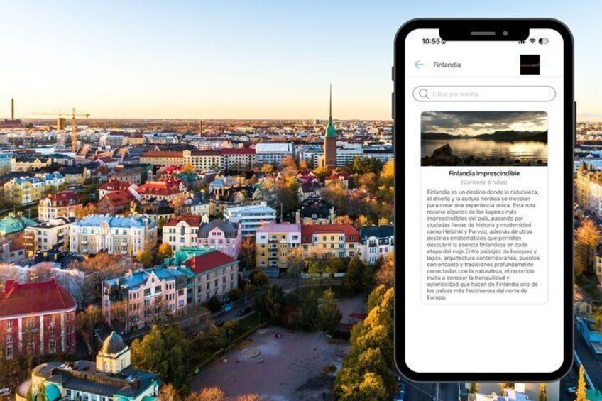 A smartphone displaying a view of a cityscape with a prominent church spire and colorful buildings. 5