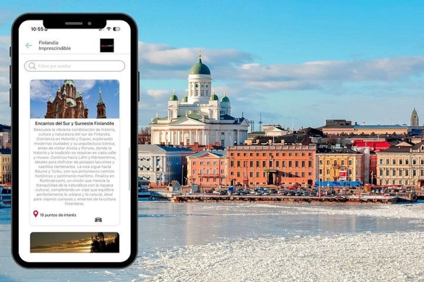 A smartphone displaying a travel app with a cityscape background. 3