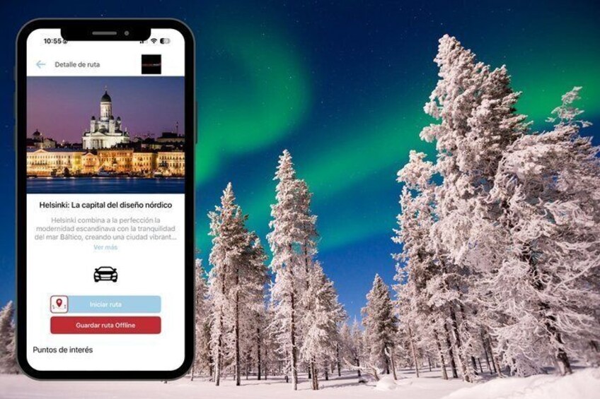 A smartphone displaying a travel app with a snowy landscape and a cityscape. 2