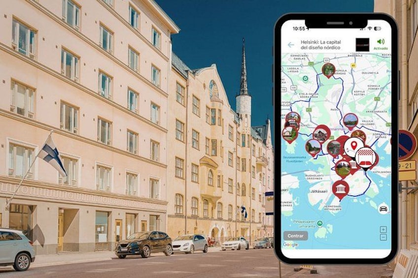 A smartphone displaying a map with various location markers, a building with a flag, and a clear blue sky. 2