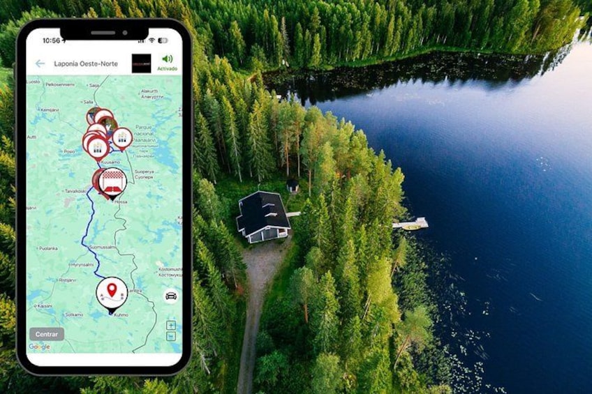 A smartphone displaying a map with marked locations and a lake surrounded by forest. 1