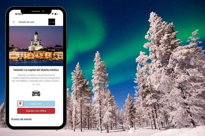 A smartphone displaying a travel app with a snowy landscape and a night sky with aurora borealis. 2
