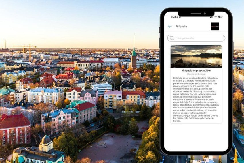 A smartphone displaying a cityscape with a prominent church spire and colorful buildings. 4