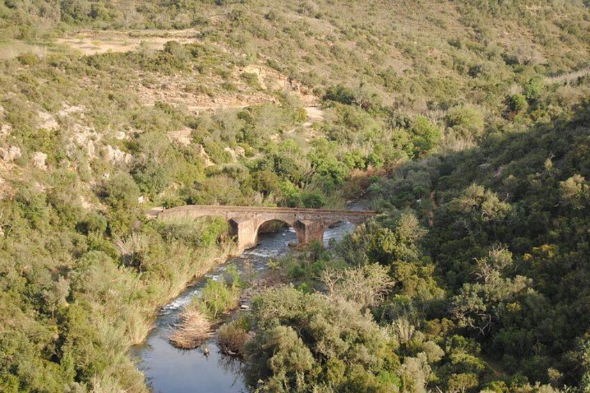 A stone bridge over a river in a hilly, forested area. 5