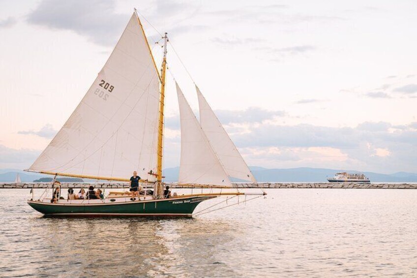 A sailboat with the number 203 on its sail, sailing on calm waters with a bridge and a cruise ship in the background. 2