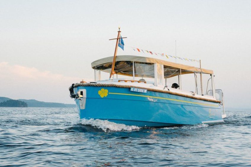 A blue boat with a cabin, a flag, and a yellow flower decoration on the side, moving on calm water. 5