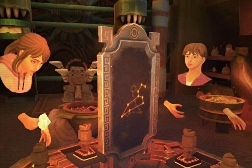 A dimly lit room with a large, ornate table, a statue, and a character interacting with a glowing object. 5
