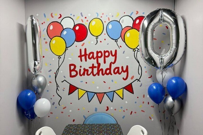A birthday celebration with balloons, confetti, and a 'Happy Birthday' banner. 2