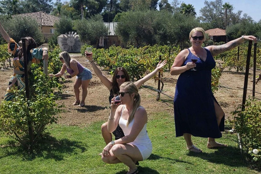A group of people in a vineyard with rows of grapevines, a windmill, and a rustic building in the background. 3