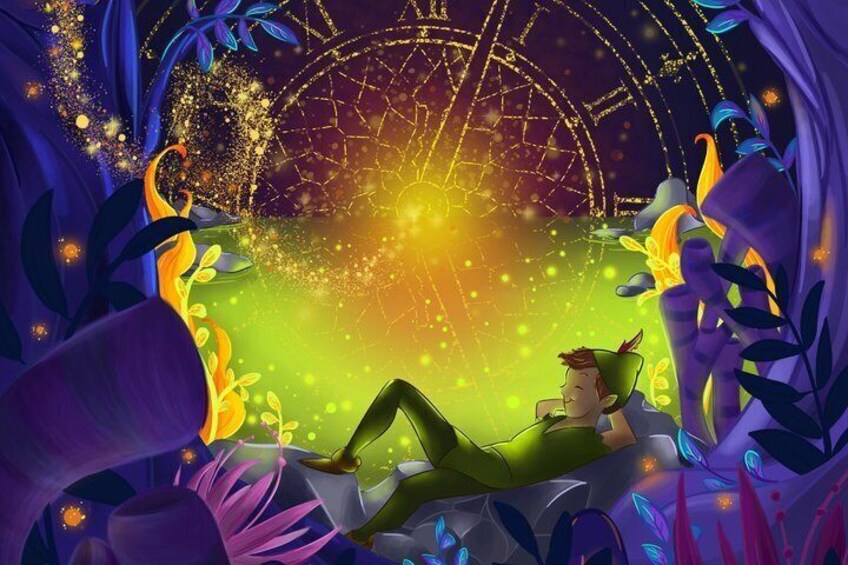 A character lying on a rock with a Ferris wheel in the background. 1