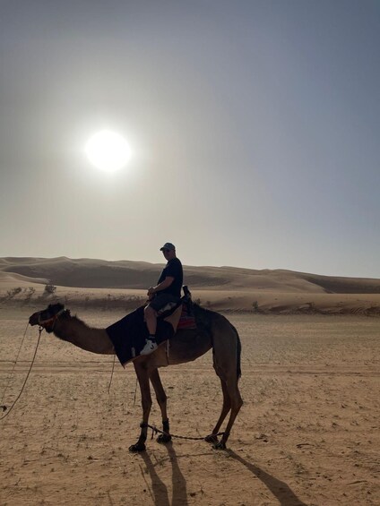 A person riding a camel in a desert with sand dunes and the sun in the background. 3