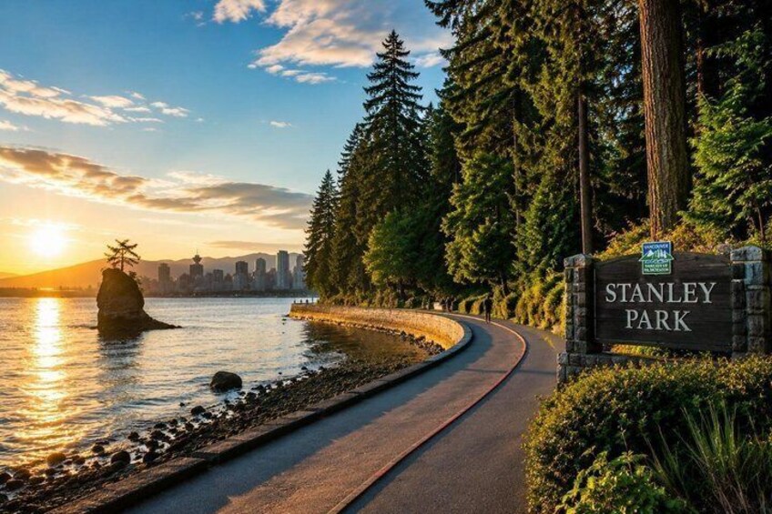 A curved road leading to Stanley Park with a sign, surrounded by trees and a body of water reflecting the sunset. 1