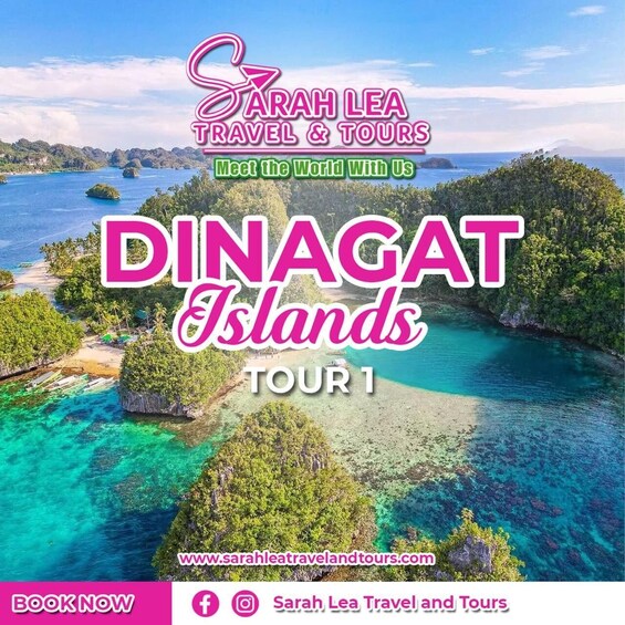A travel advertisement for Dinagat Islands tour by Sarah Lea Travel & Tours, featuring a tropical beach and clear turquoise waters. 3