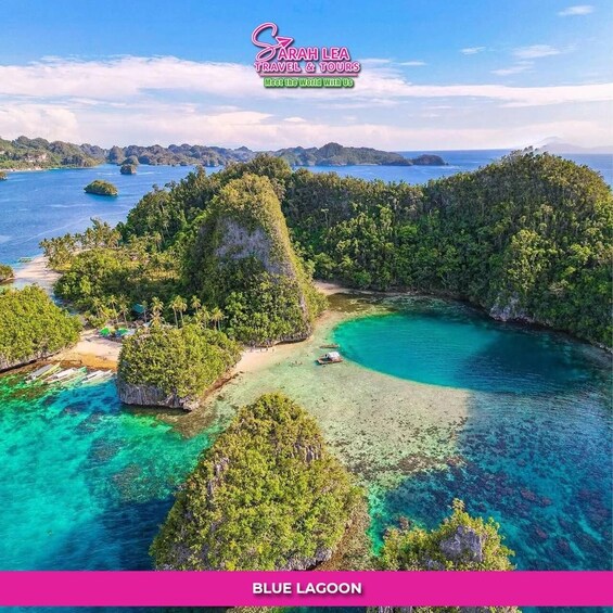A tropical island with clear turquoise waters, lush greenery, and a small boat on the beach. 4