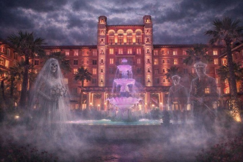 A grand building with a fountain in the center, palm trees, and a misty atmosphere. 1