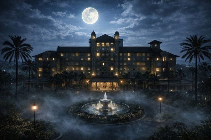 A large, illuminated hotel with a fountain in the foreground, surrounded by palm trees, under a full moon. 3