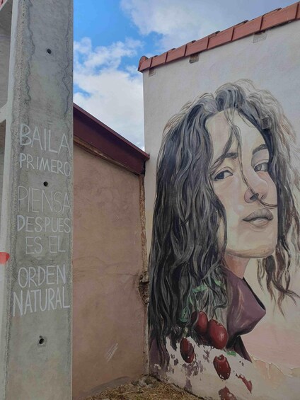 A mural with a person holding a bunch of red apples on a wall. 5