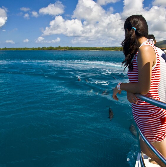A person in a striped swimsuit on a boat, looking at dolphins in the ocean. 3