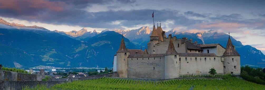 A castle with multiple towers, surrounded by mountains and a vineyard. 5